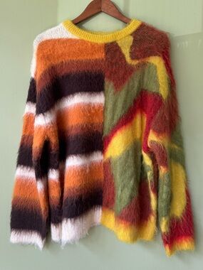 Zara NWOT Multicoloured Oversized Brushed-Effect Jacquard Knit Fuzzy Sweater